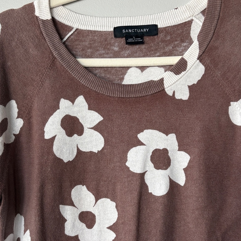 Sanctuary Brown and White Floral long sleeve cotton blend top round neckline - Picture 3 of 9